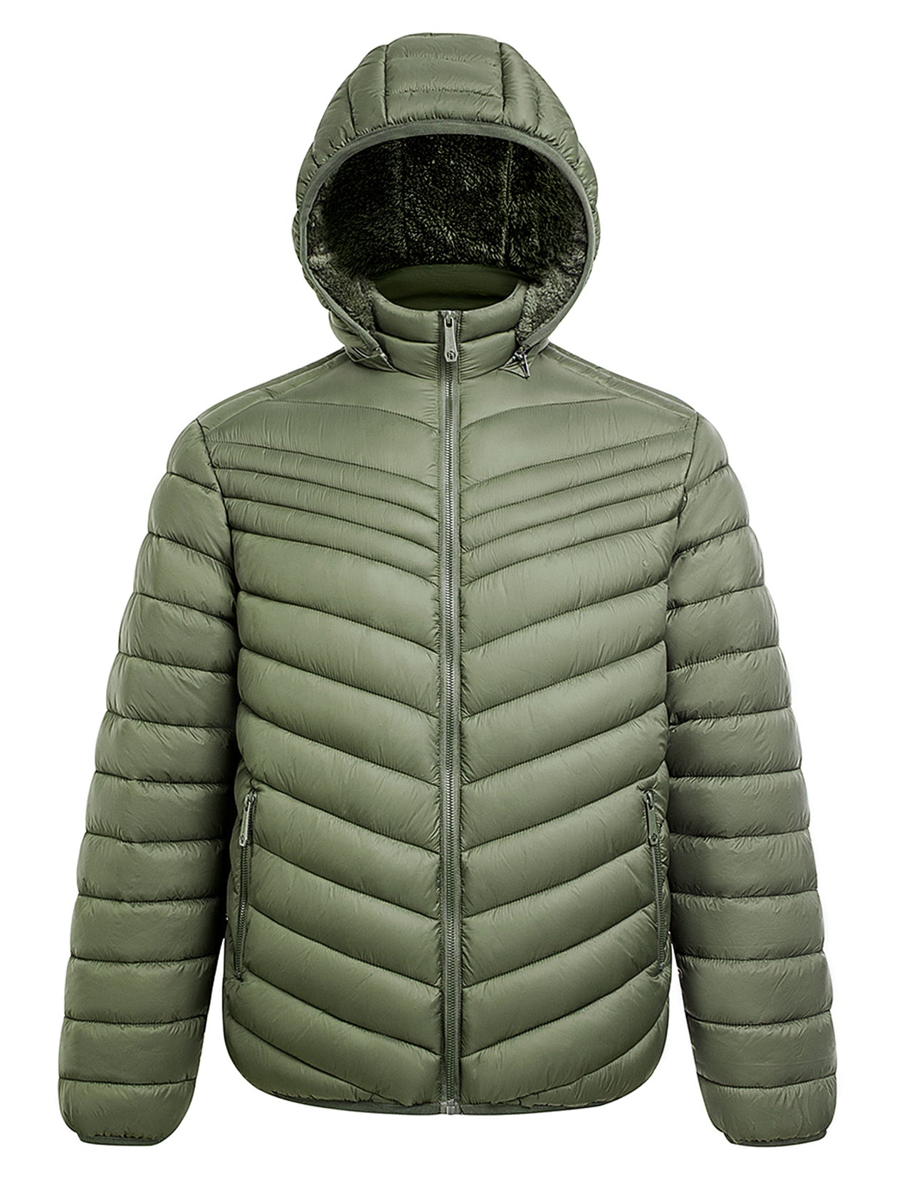Men's Solid Berber Lined Full Zip Puffer Jacket with Hood