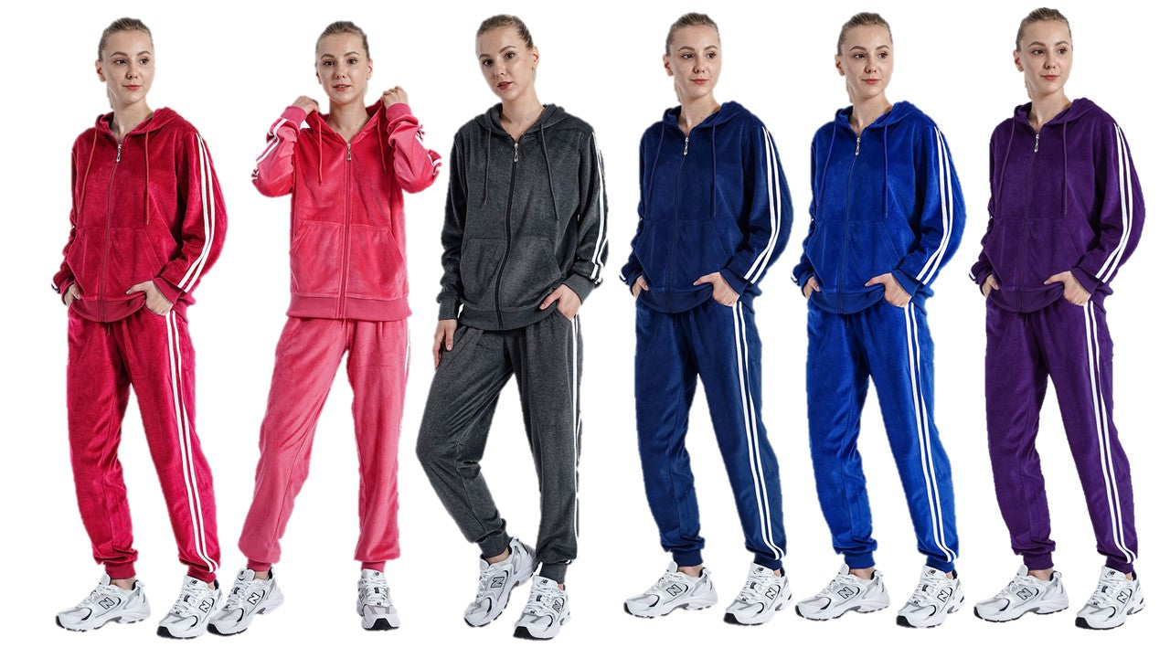 12 Wholesale Ladies 2pc Set Soft Velour Hooded Sweatshirt